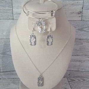 NEW | Silver Hammered Cactus Charm Necklace Earrings and Bangle Bracelet Set